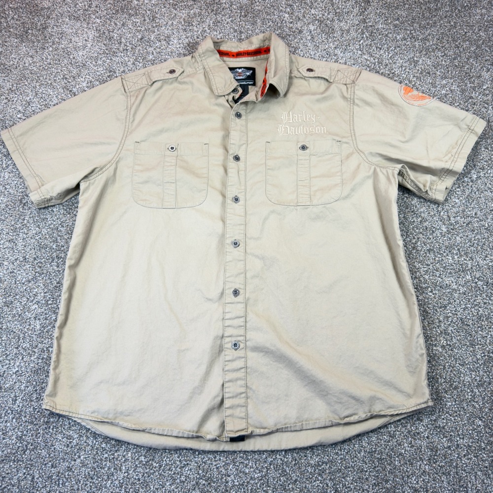 Harley Davidson Mens XL Military Utility‎ Tan Button Up Shirt Embroidered Biker